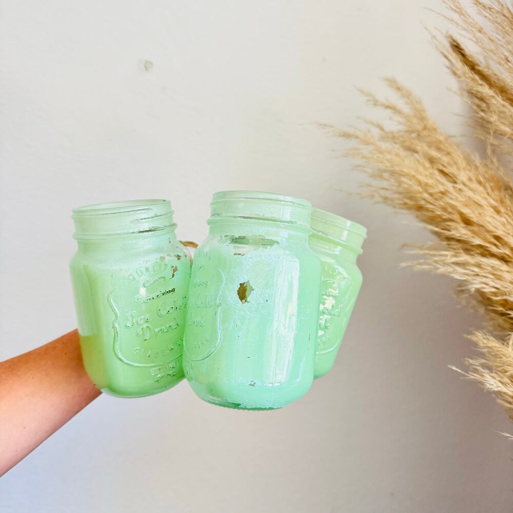 3 VINTAGE Green Glass Distressed Rustic Glass Drinking Ball Mason Jar Mugs